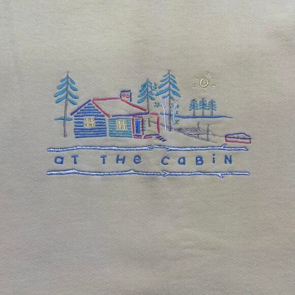 Vintage 90s "At The Cabin" Embroidered Crewneck Women's Large Yellow Sweatshirt - Picture 2 of 5